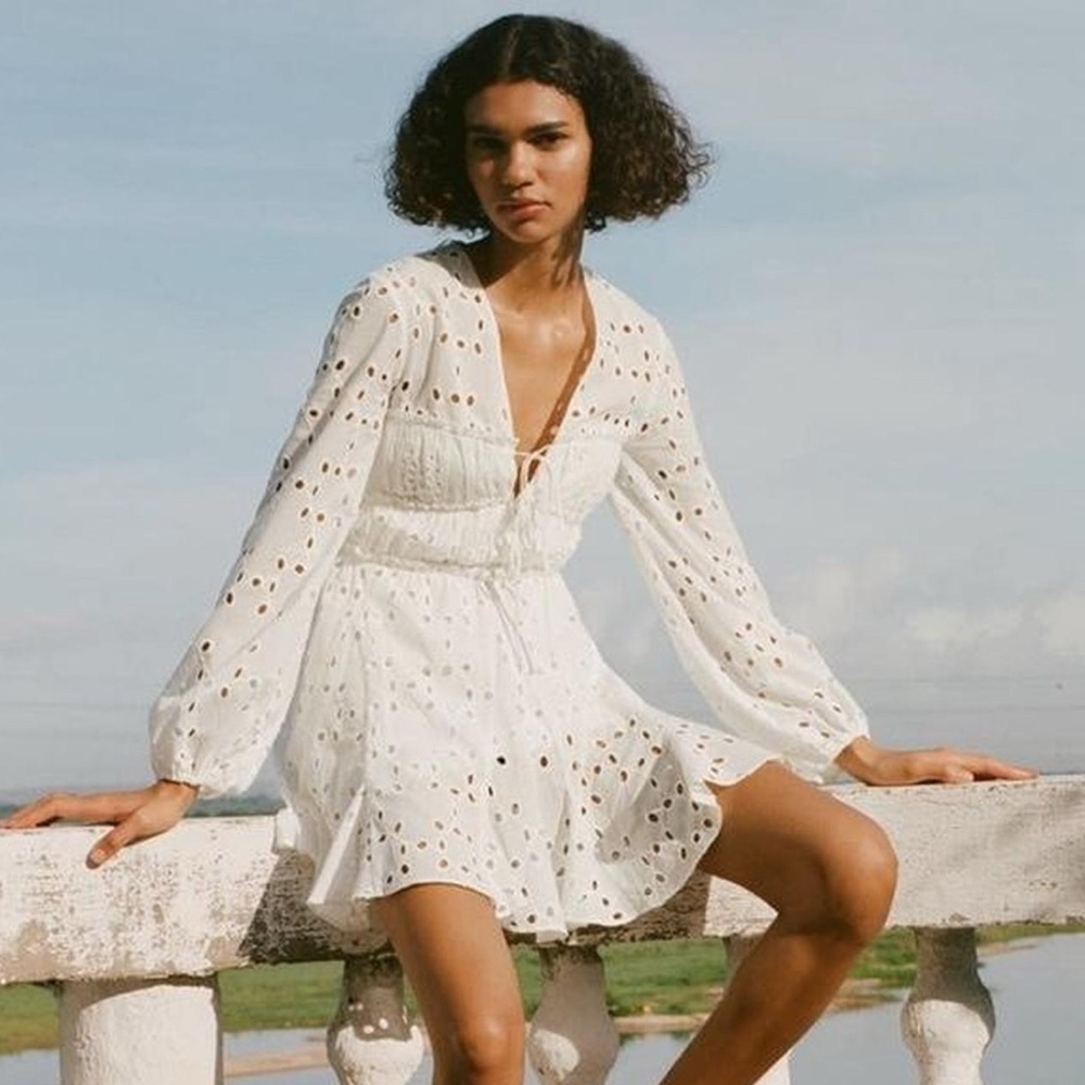 Zara White Long Sleeve Eyelet Dress
